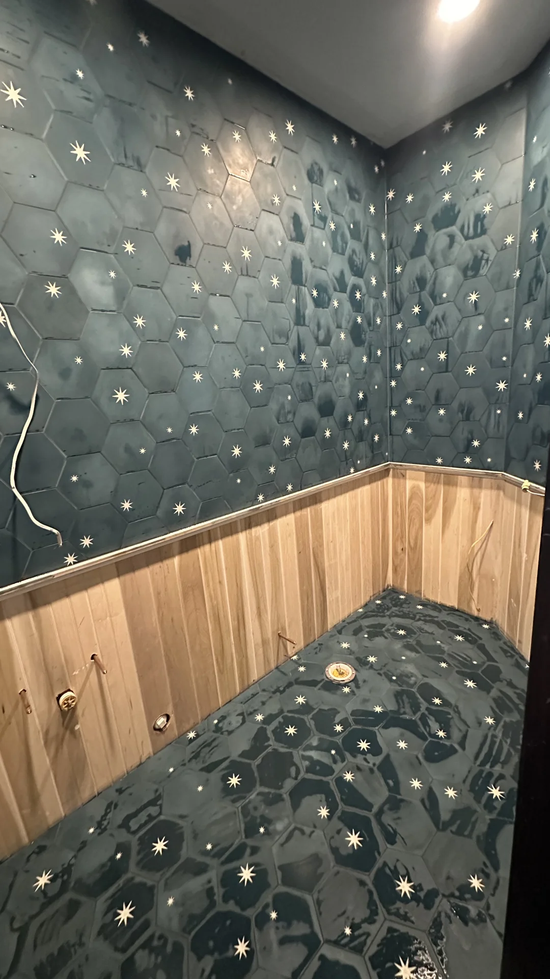 Bathroom with teal hexagonal tile walls and floor with star patterns, light wood paneling. by Vicentino Ceramic Tile in Hunti